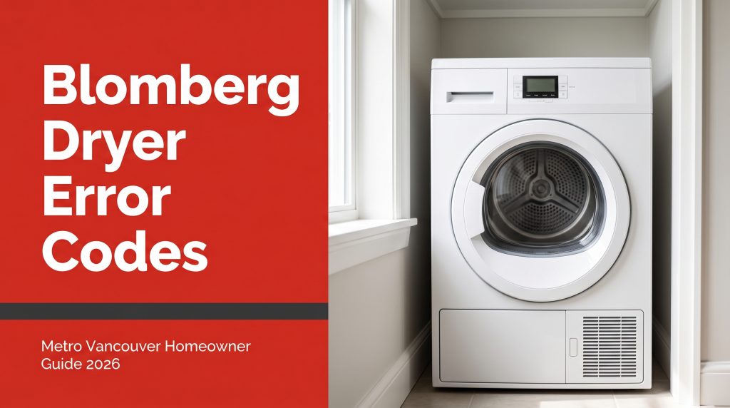 Blomberg dryer error codes banner with red headline panel and compact ventless dryer in a Metro Vancouver laundry closet