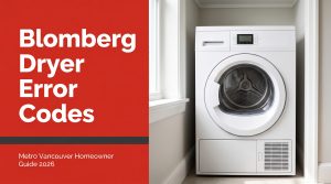 Blomberg dryer error codes banner with red headline panel and compact ventless dryer in a Metro Vancouver laundry closet