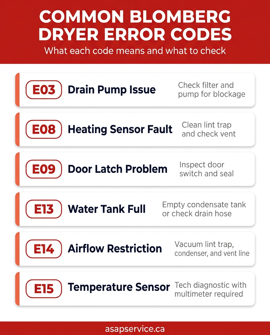 Blomberg dryer error codes reference chart with meanings and first checks for Metro Vancouver homeowners