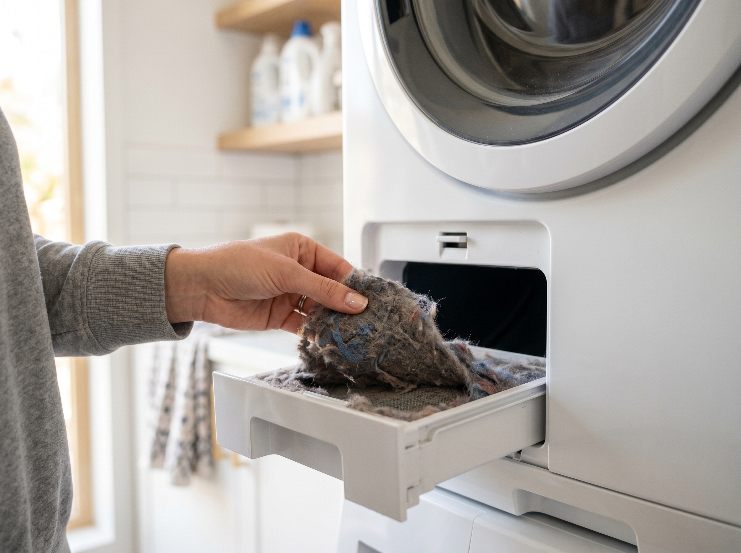 Hand pulling lint from the filter drawer on a compact Blomberg dryer in a Vancouver laundry closet