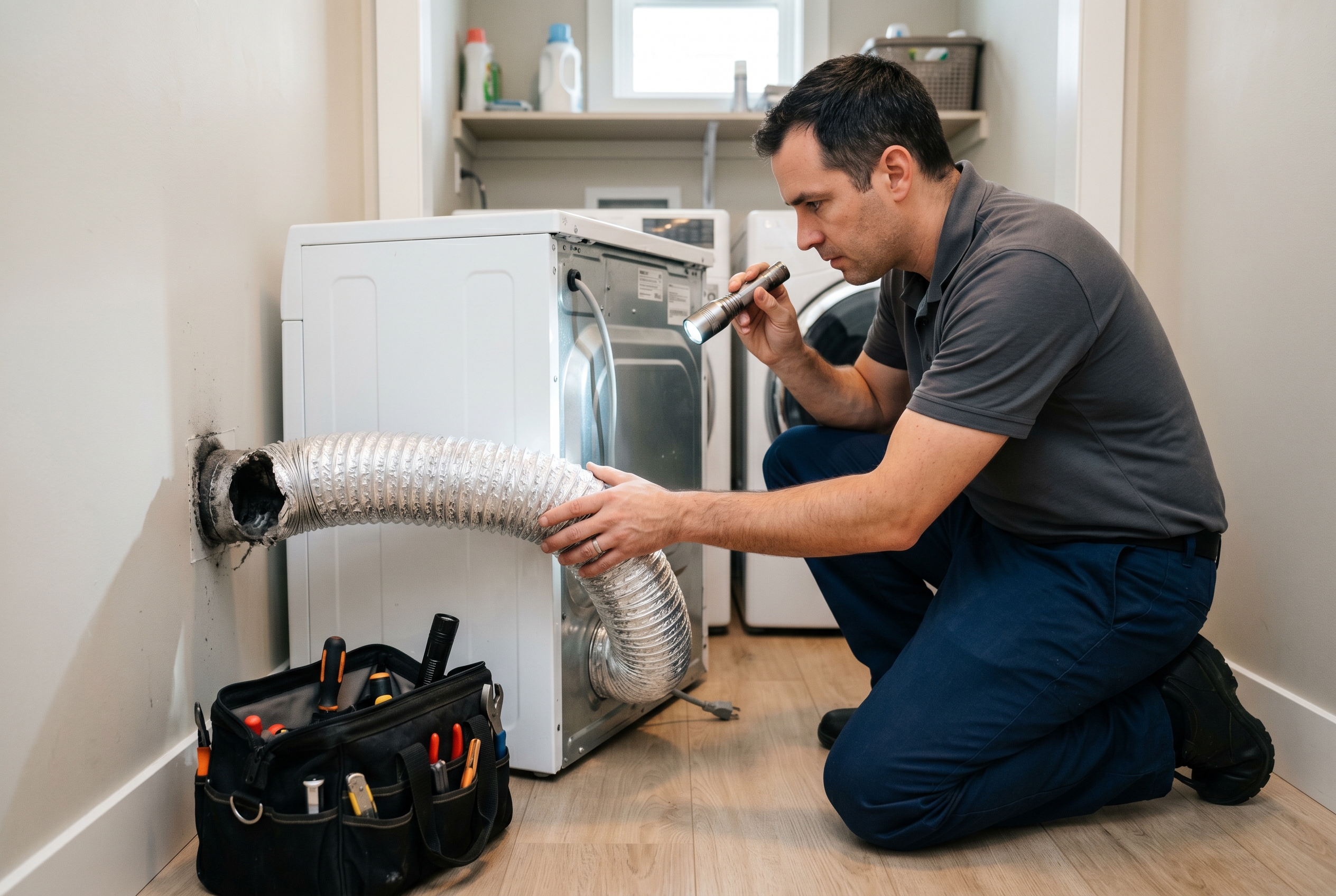 Appliance technician inspecting the back of a compact Blomberg dryer pulled away from the wall in a Vancouver laundry closet