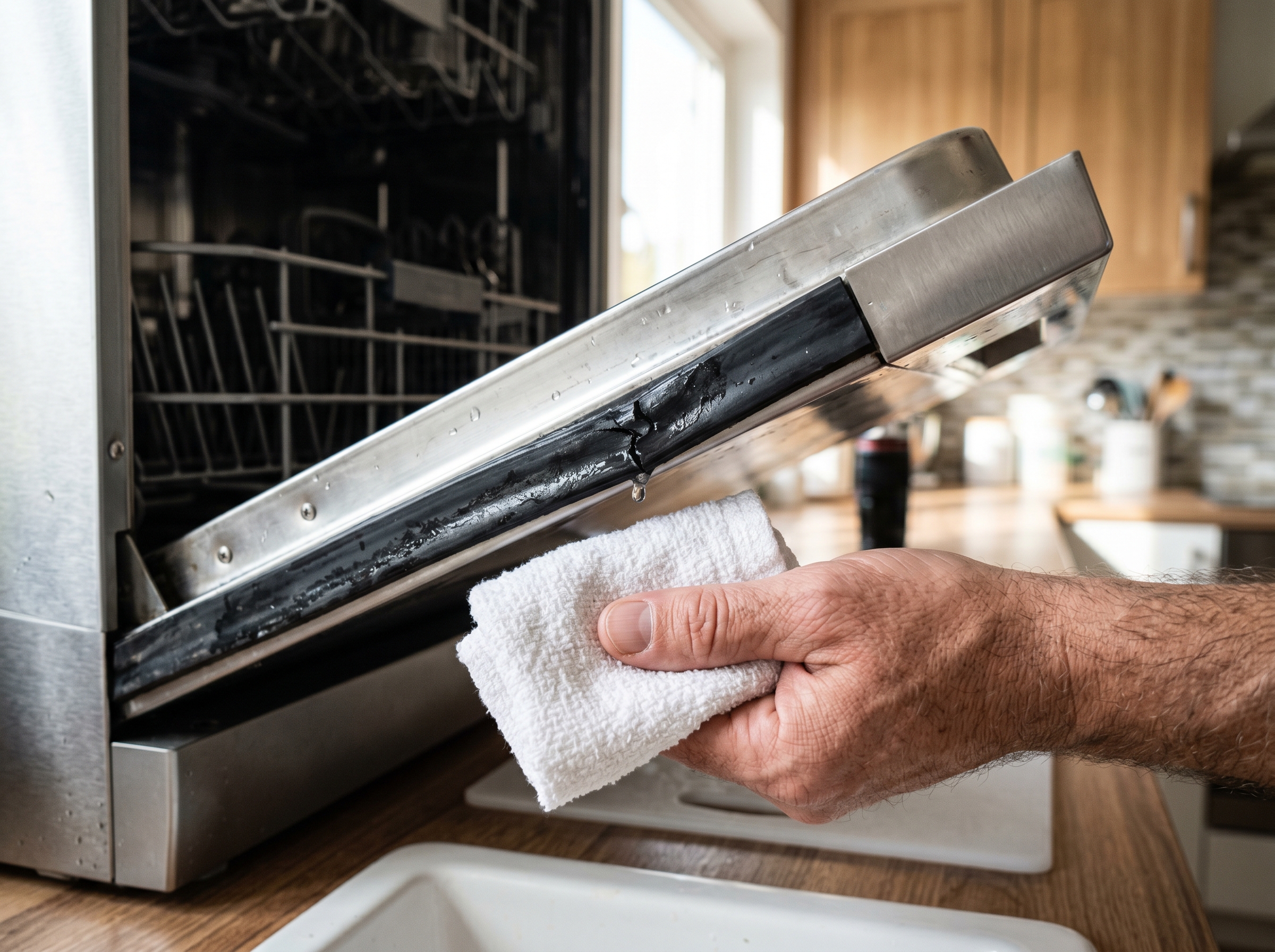 Hand checking the lower door gasket on a stainless steel dishwasher for cracks and water beading in a Vancouver kitchen