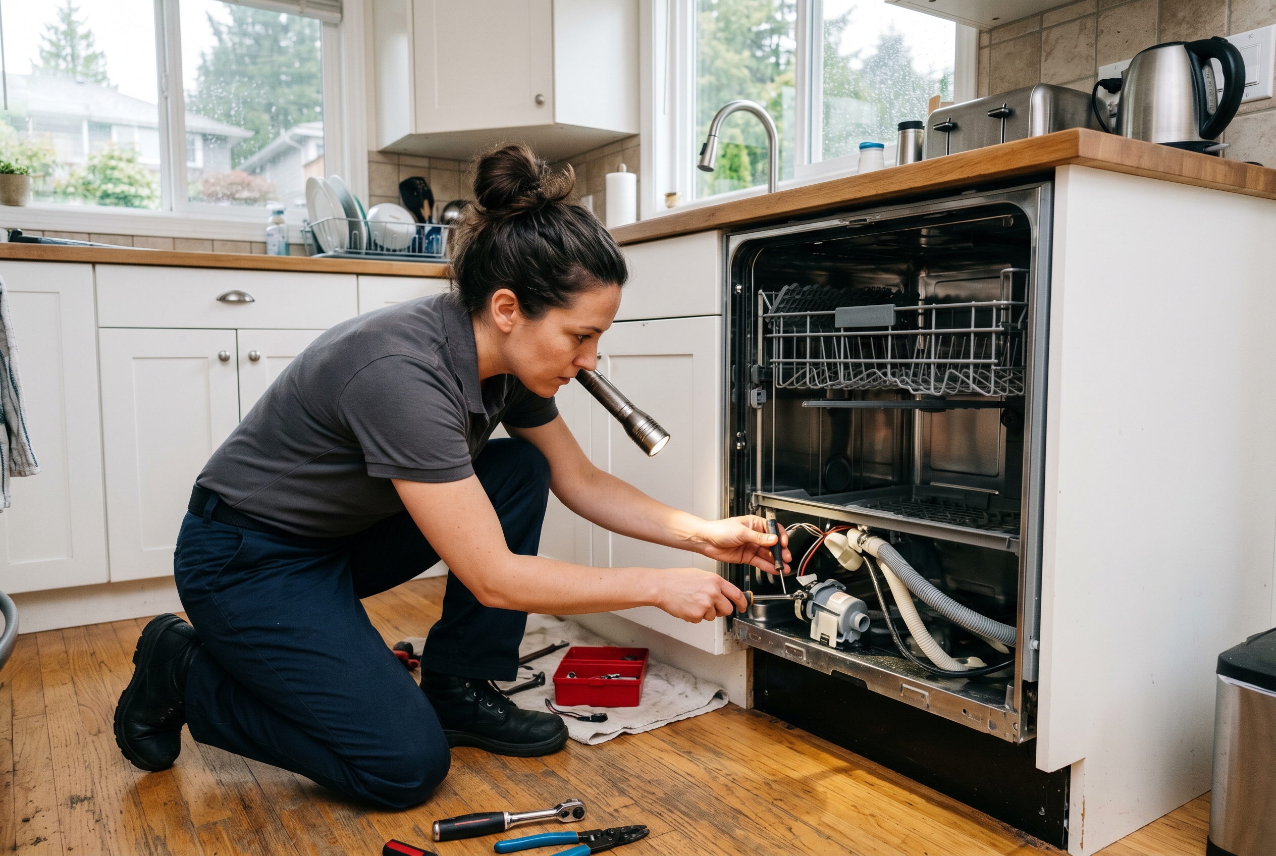 Female appliance technician inspecting the drain pump and hose connections under a built-in dishwasher in a Metro Vancouver kitchen