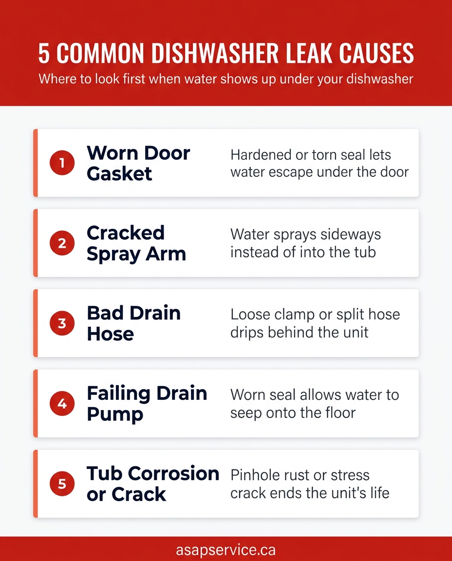 Five most common dishwasher leak causes reference infographic for Metro Vancouver homeowners