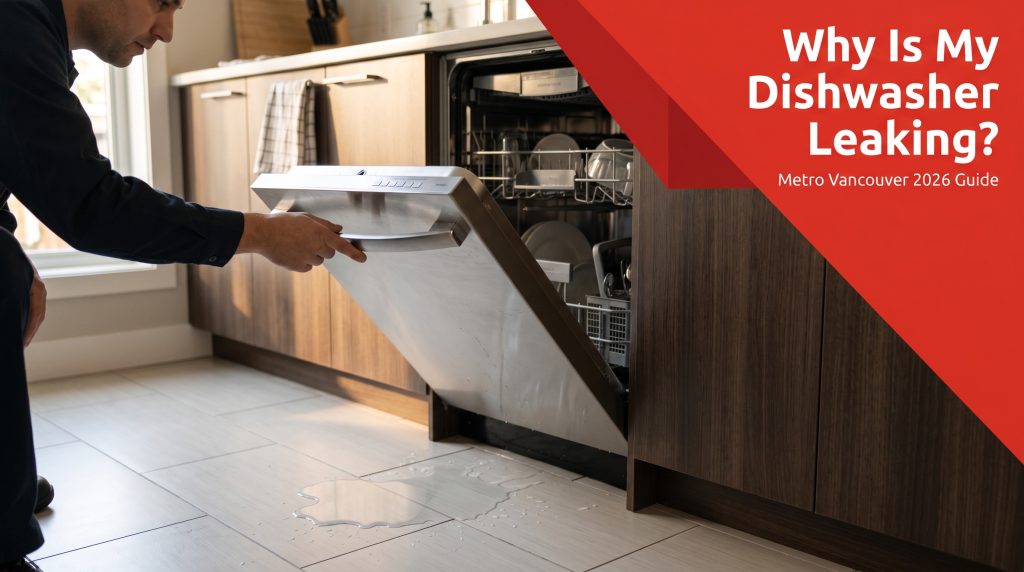 Dishwasher leaking from bottom banner with stainless dishwasher and small floor puddle in a Vancouver kitchen