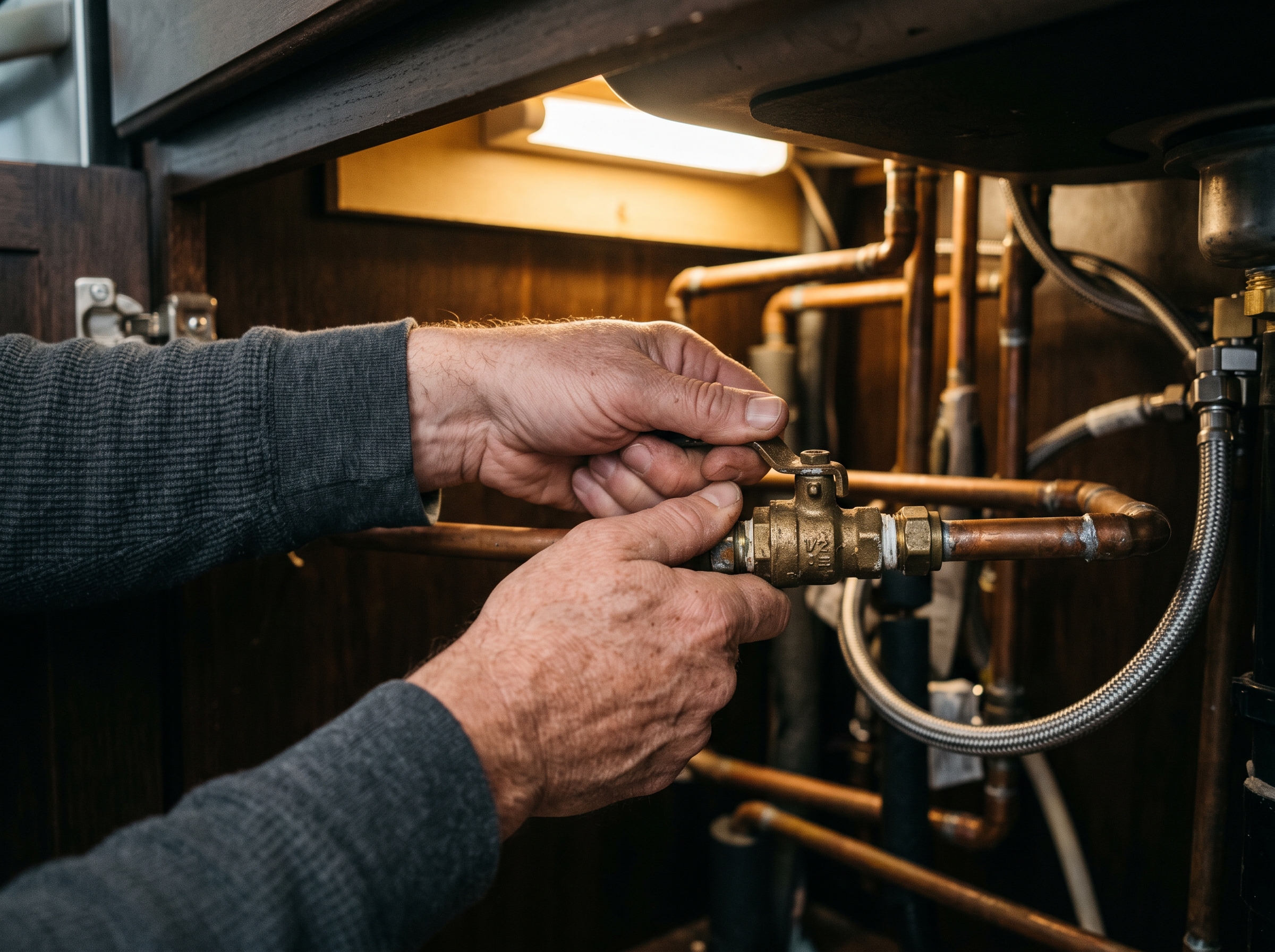 A close-up shot of a person's hands carefully turning a brass water supply valve beneath a kitchen counter, preparing an appliance for winter maintenance. The lighting is warm and practical, with a sh