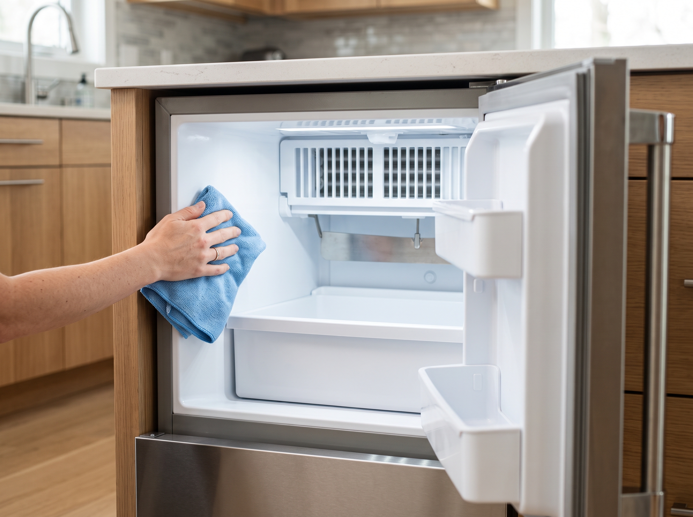 The open door of an empty undercounter ice maker, revealing clean, frost-free interior bins. A hand holding a soft microfiber cloth is gently wiping down the inside walls. Bright, crisp lighting empha