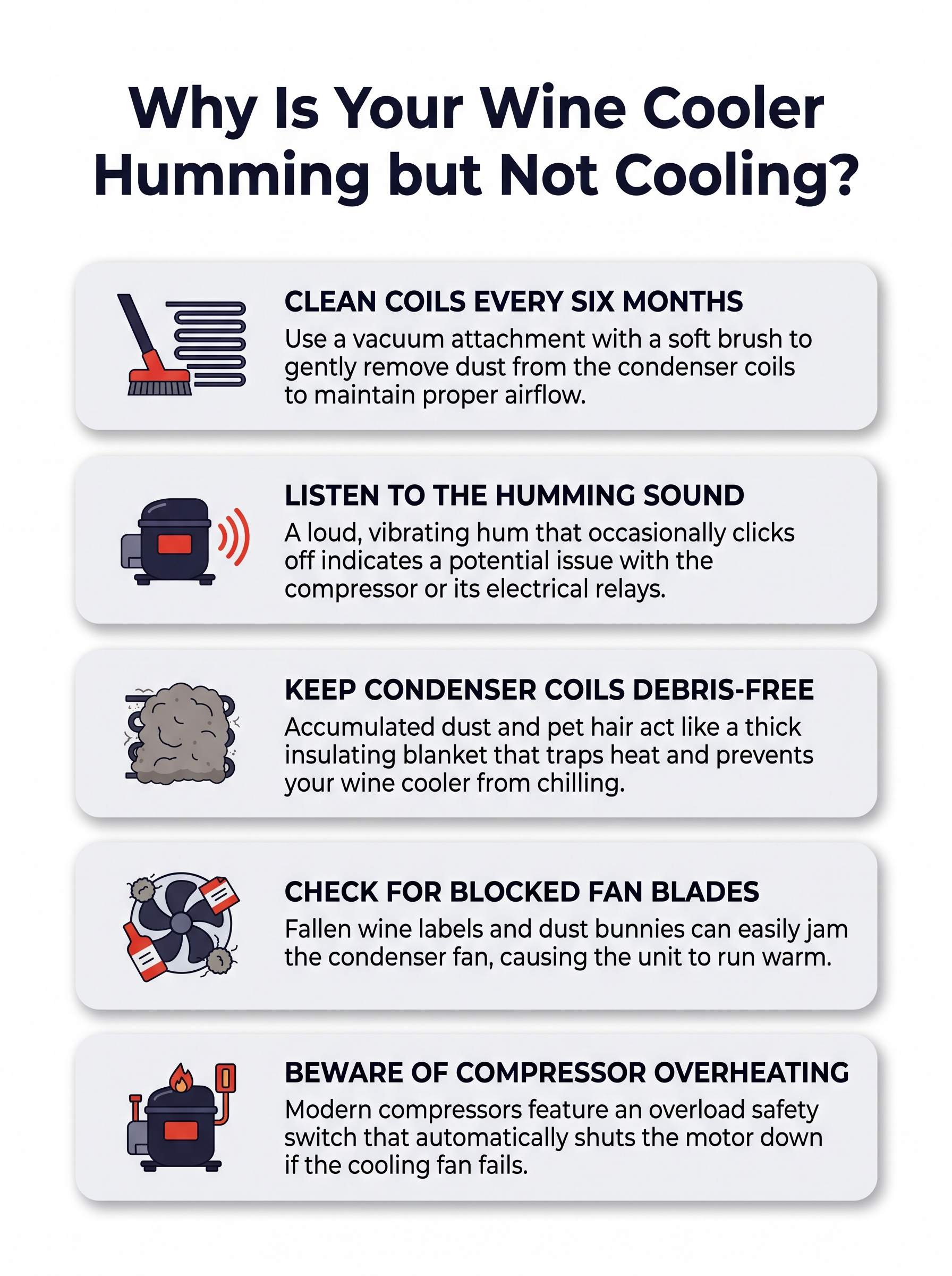 Infographic: key facts from Why Is Your Wine Cooler Humming but Not Cooling?